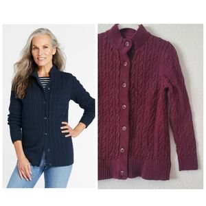L.L. Bean Double L Cable Knit Cotton Plum Cardigan XS Petite Preppy Fisherman